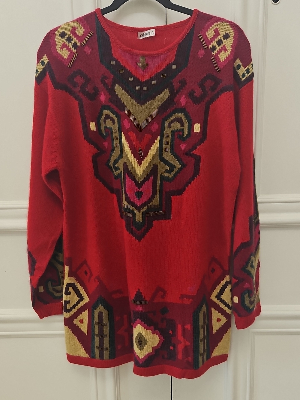 Olsen Red Patterned Women's Sweater Oversized - Medium